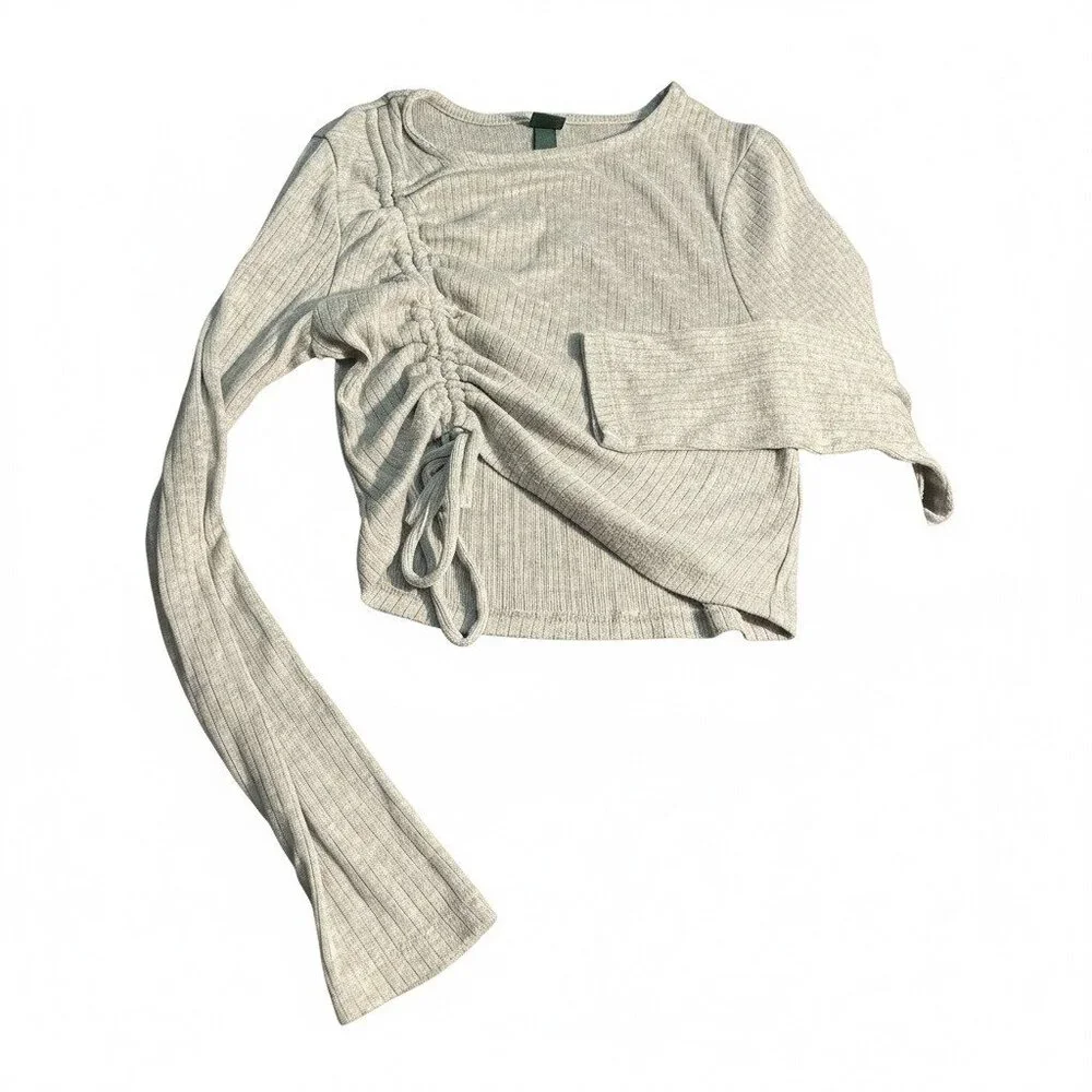 Wild Fable Gray Ribbed Ruched Drawstring Long Sleeve Crop Top M - Picture 1 of 8